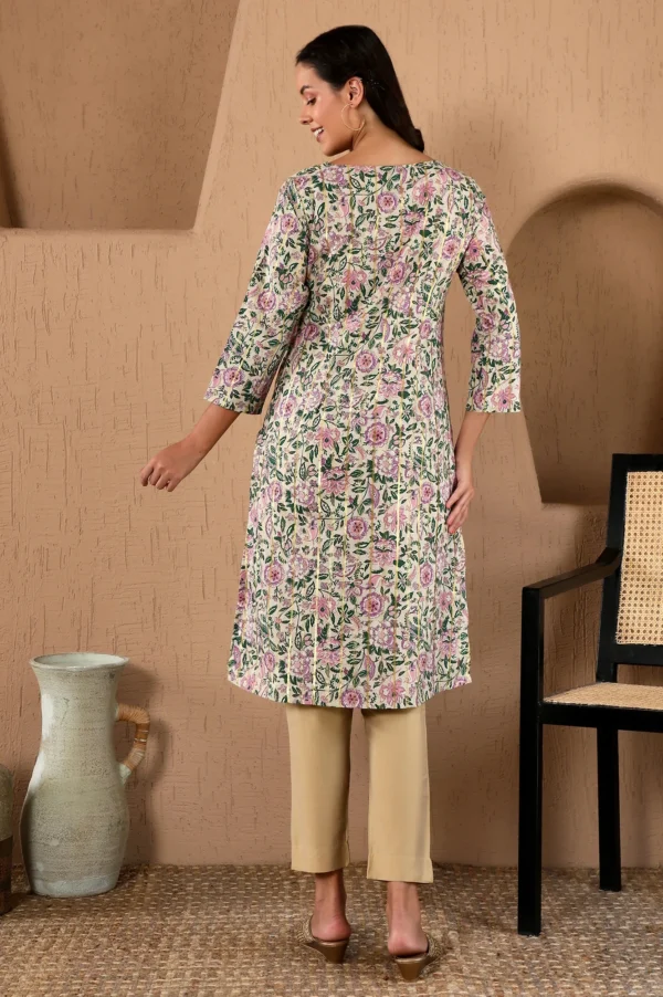 White Floral Printed Cotton Lurex Straight Kurta - Image 2