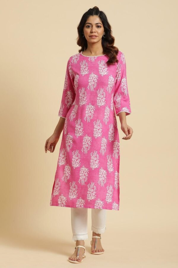Pink Floral Printed Rayon Straight Kurta - Image 5